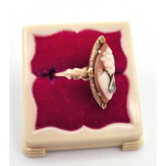 Vintage Cameo Ring With Diamond Accent In Ornate Gold Setting Original Box RARE - Picture 4 of 14